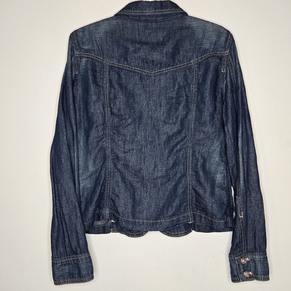 GAP Y2K Denim Blazer Jacket Womens 12‎ Dark Wash Cotton Linen Pink Stitching - Picture 8 of 8